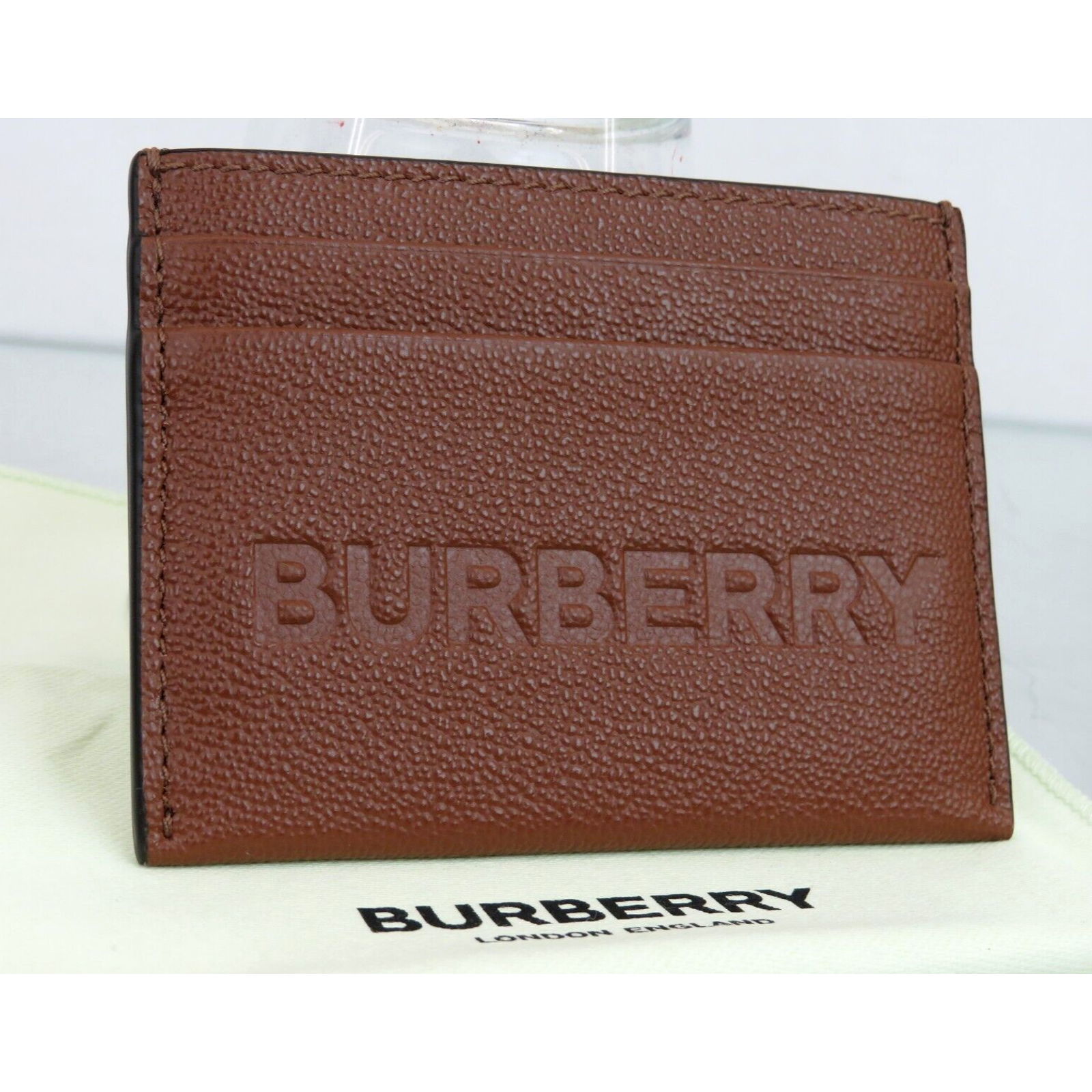 350 Burberry Sandon Brown Tan Grained Leather Logo Card Holder Case Wallet